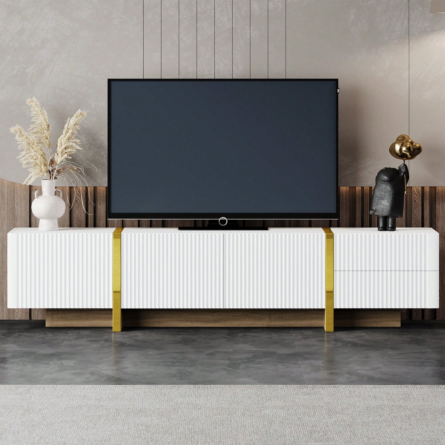 Modern Fluted TV Stand for 80 Inch TVs Elegant White Media Console with Storage Cabinets and Drawers for Living Room Decor