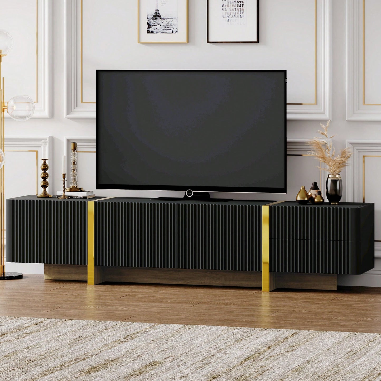 Modern Fluted TV Stand for 80 Inch TVs Elegant White Media Console with Storage Cabinets and Drawers for Living Room Decor