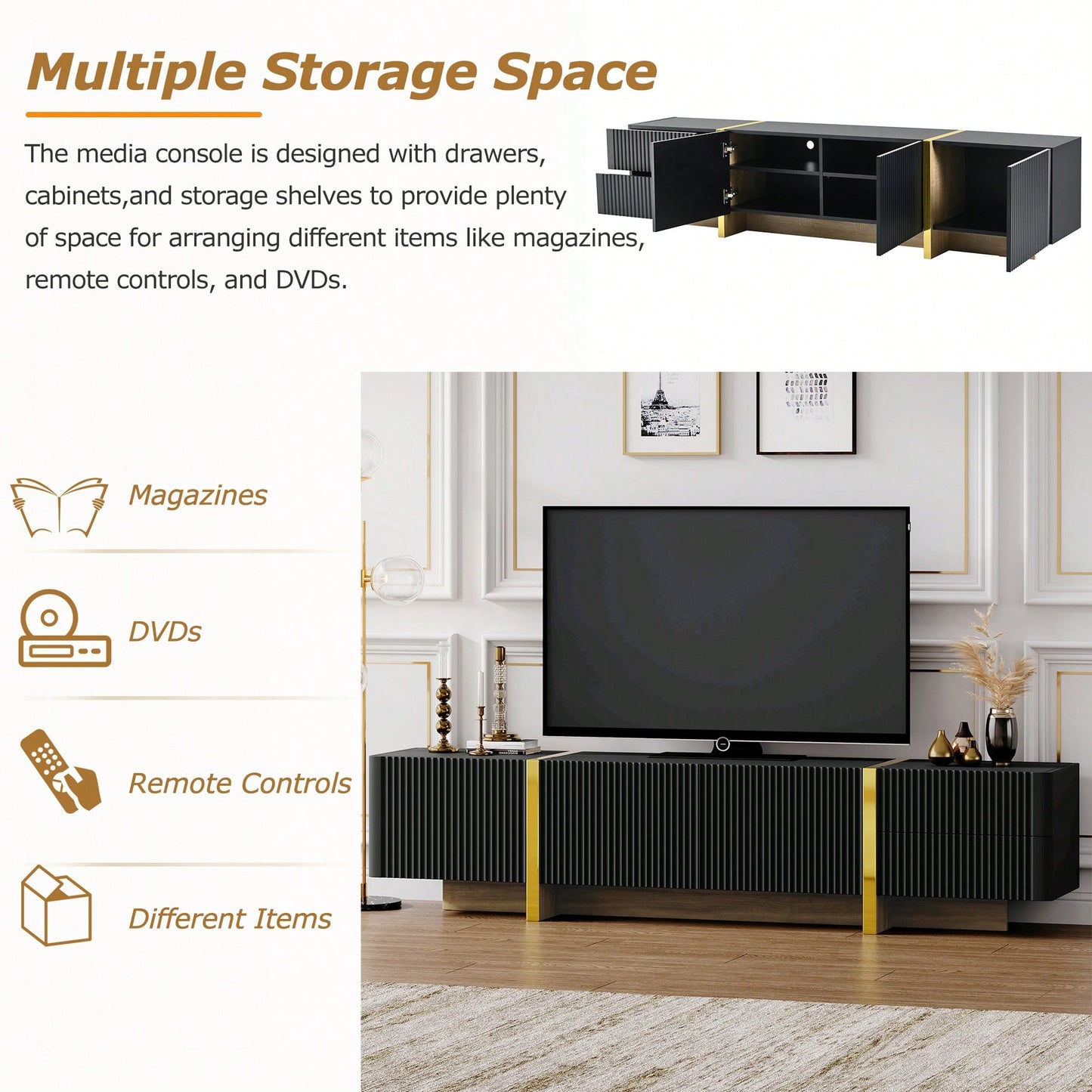 Modern Fluted TV Stand for 80 Inch TVs Elegant White Media Console with Storage Cabinets and Drawers for Living Room Decor