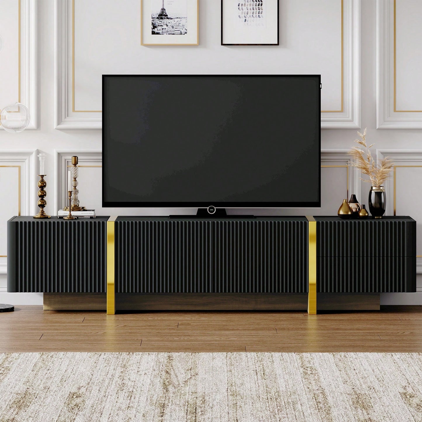 Modern Fluted TV Stand for 80 Inch TVs Elegant White Media Console with Storage Cabinets and Drawers for Living Room Decor