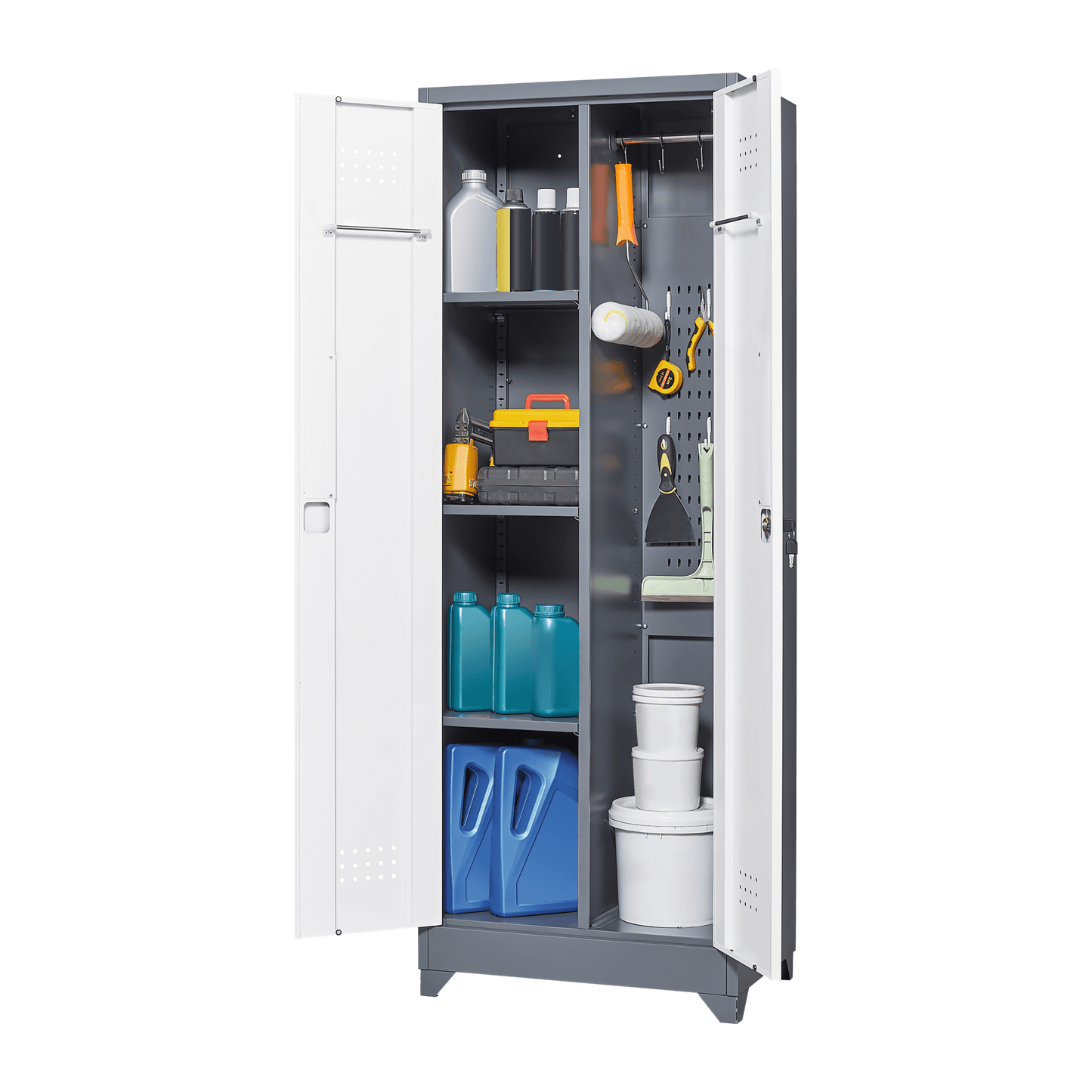 Tall Lockable Metal Storage Cabinet for Cleaning Tools Brooms and Supplies Ideal for Kitchen Pantry Office and Workshop