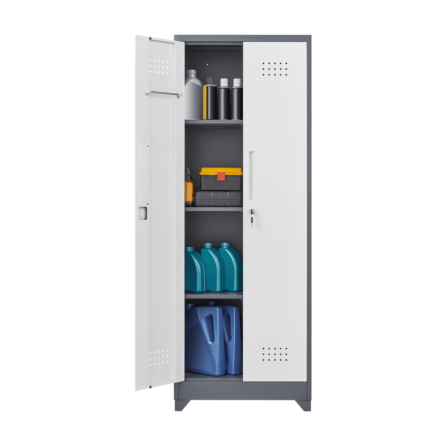 Tall Lockable Metal Storage Cabinet for Cleaning Tools Brooms and Supplies Ideal for Kitchen Pantry Office and Workshop