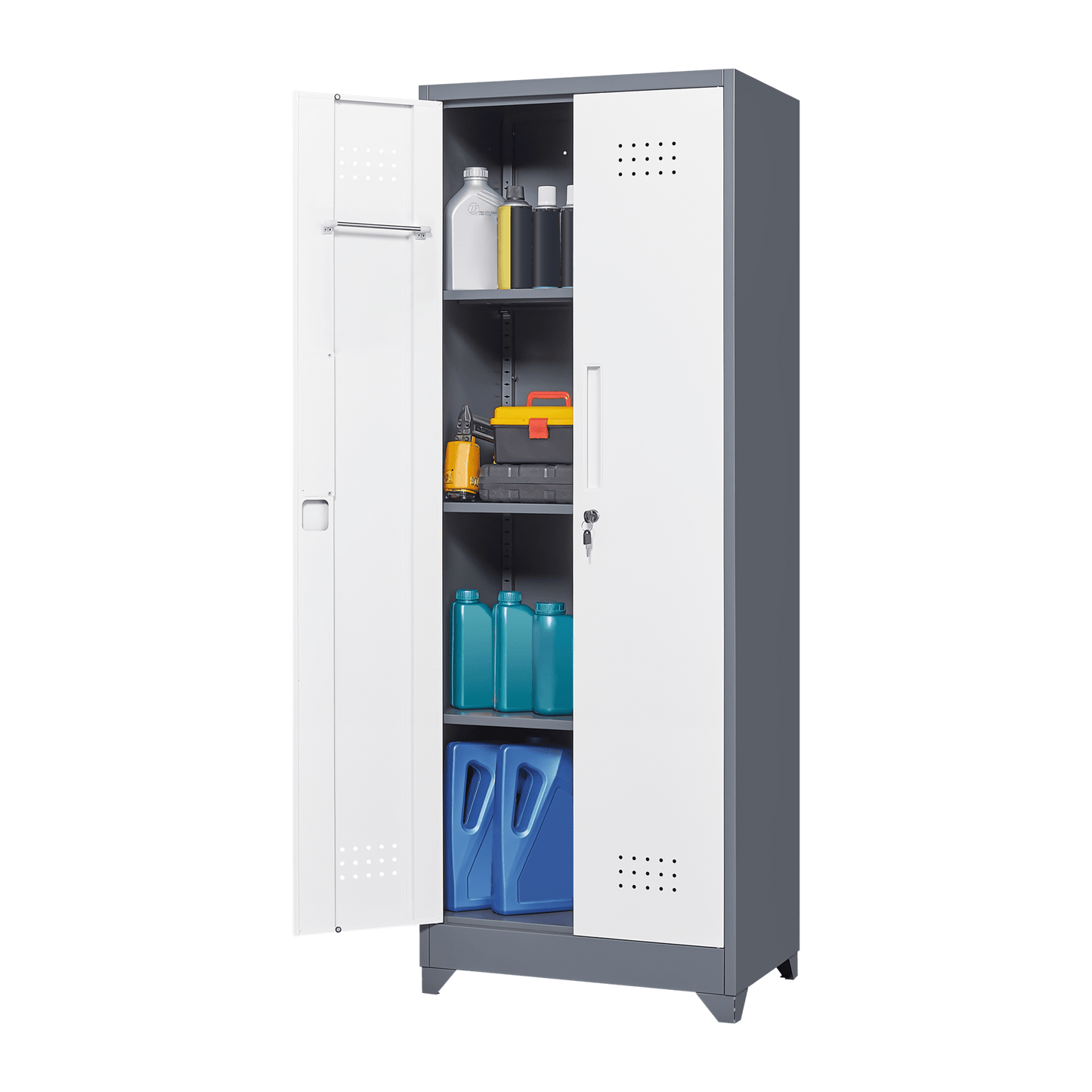 Tall Lockable Metal Storage Cabinet for Cleaning Tools Brooms and Supplies Ideal for Kitchen Pantry Office and Workshop