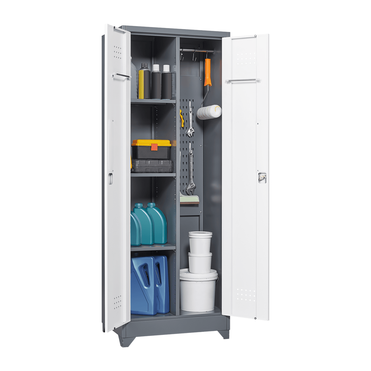 Tall Lockable Metal Storage Cabinet for Cleaning Tools Brooms and Supplies Ideal for Kitchen Pantry Office and Workshop