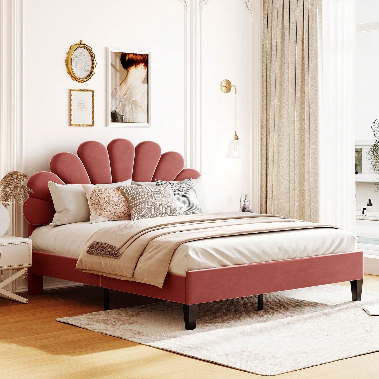 Floral Velvet Upholstered Queen Size Platform Bed In Bean Paste Red