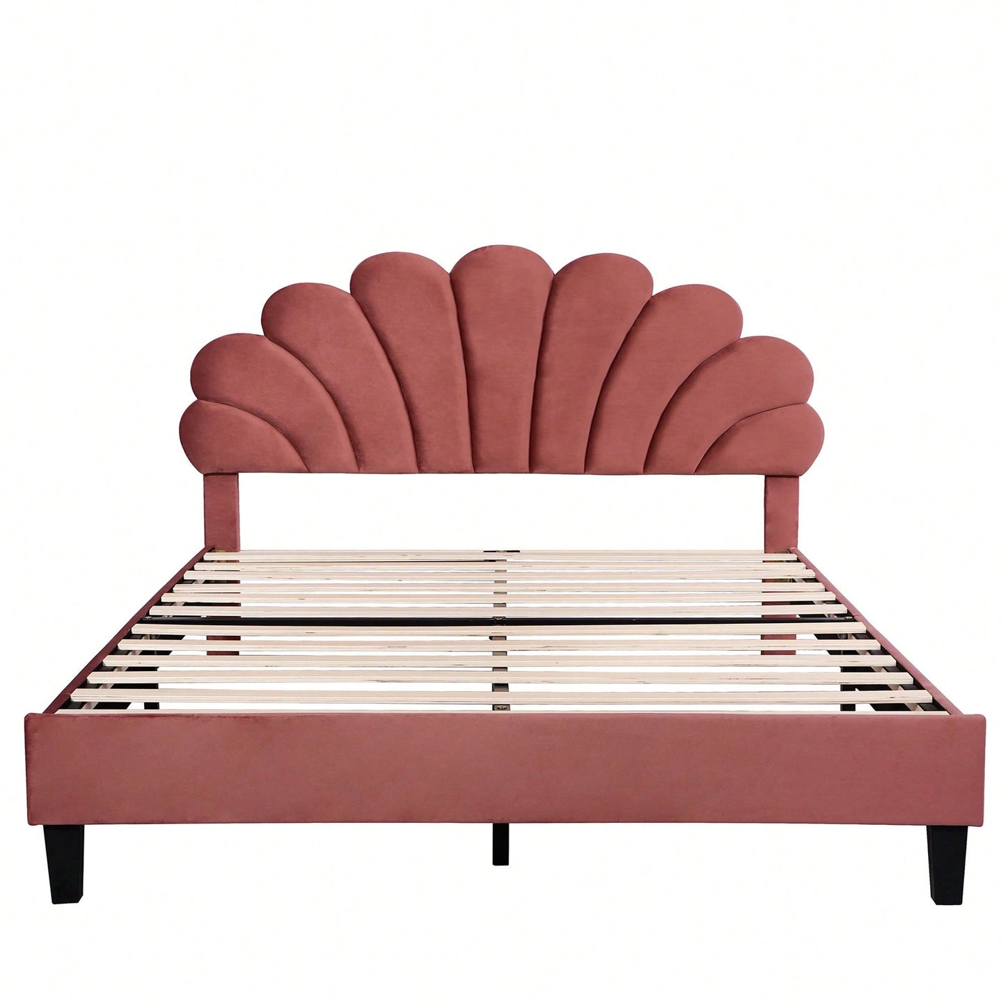 Floral Velvet Upholstered Queen Size Platform Bed In Bean Paste Red