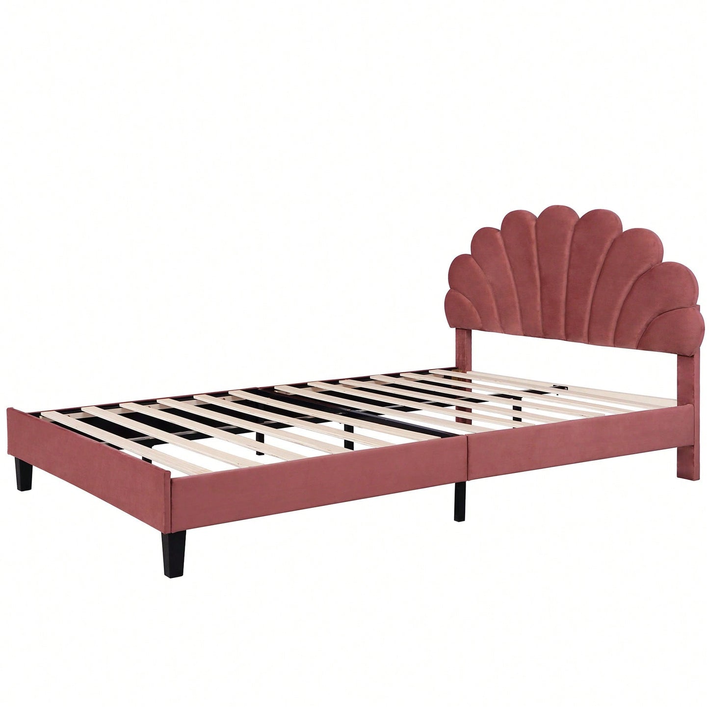 Floral Velvet Upholstered Queen Size Platform Bed In Bean Paste Red