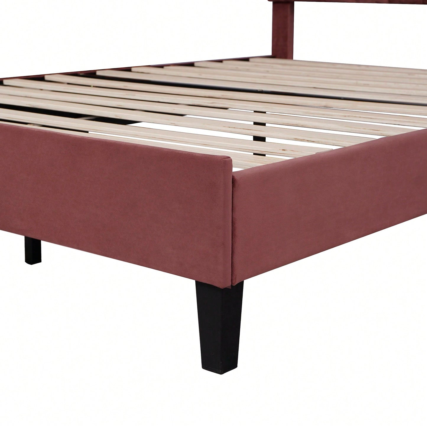 Floral Velvet Upholstered Queen Size Platform Bed In Bean Paste Red