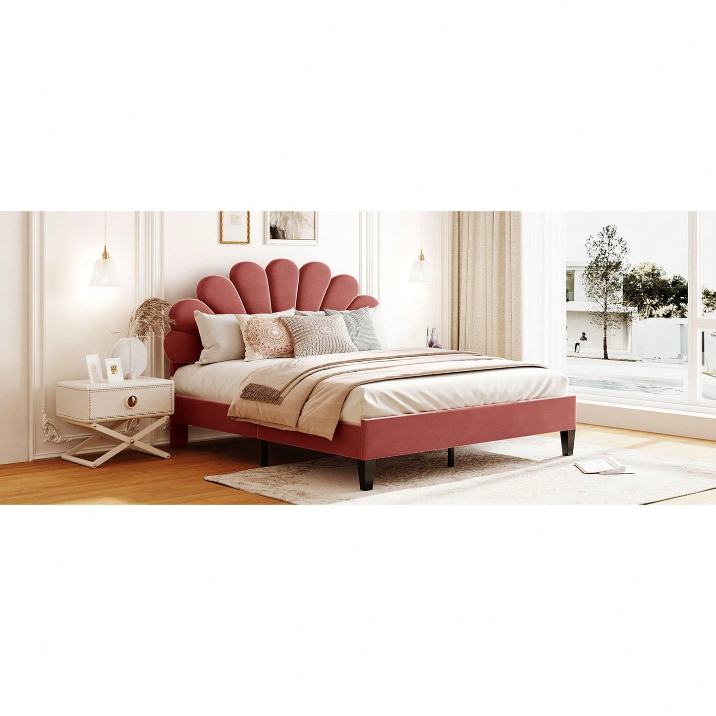 Floral Velvet Upholstered Queen Size Platform Bed In Bean Paste Red