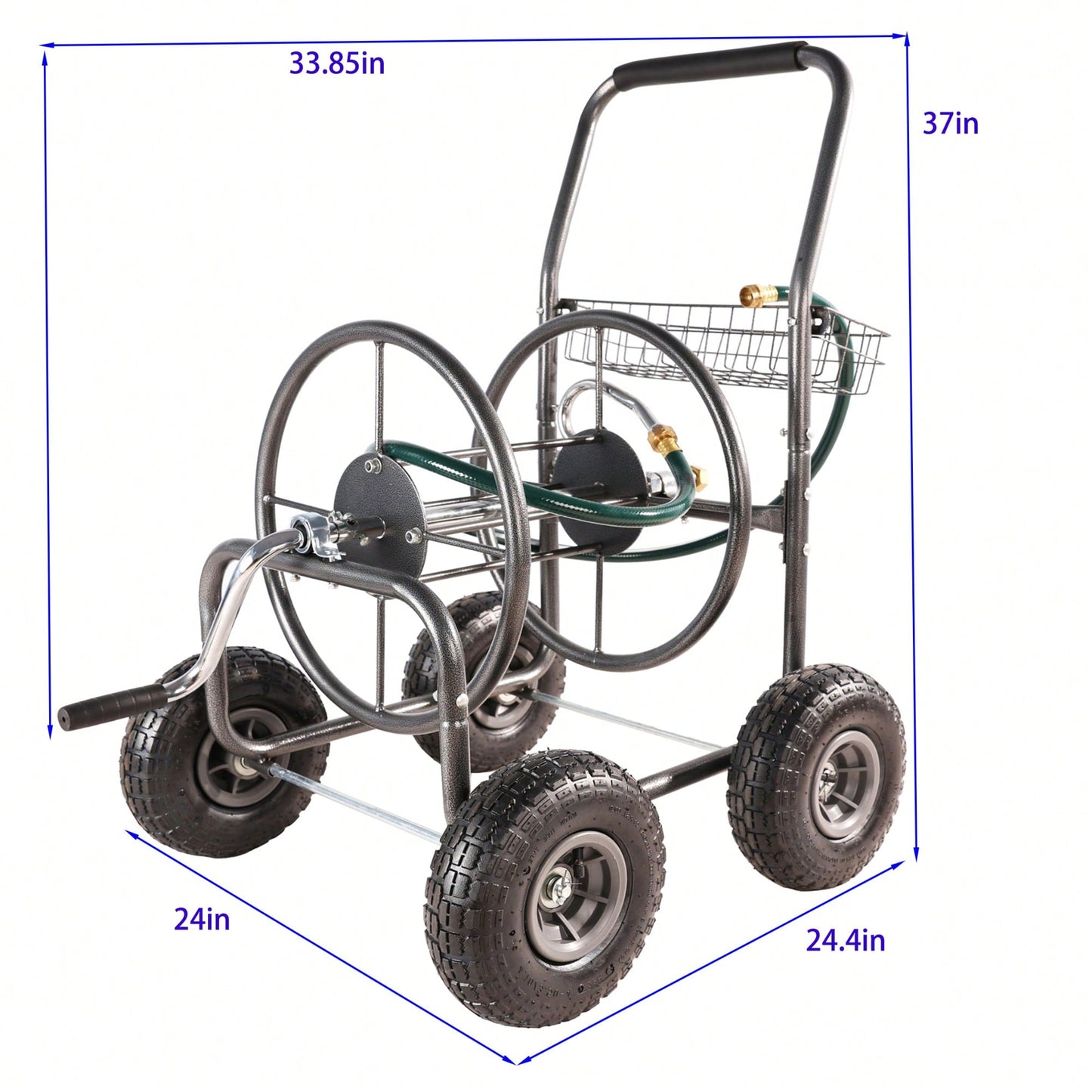 Portable 4-Wheel Garden Hose Reel Cart With Storage Basket - Heavy Duty, Rust Resistant Water Hose Holder For Easy Gardening