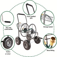 Portable 4-Wheel Garden Hose Reel Cart With Storage Basket - Heavy Duty, Rust Resistant Water Hose Holder For Easy Gardening