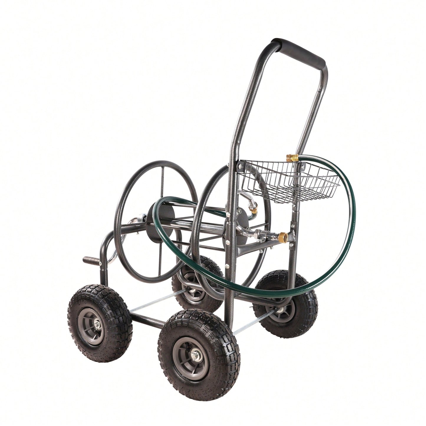 Portable 4-Wheel Garden Hose Reel Cart With Storage Basket - Heavy Duty, Rust Resistant Water Hose Holder For Easy Gardening