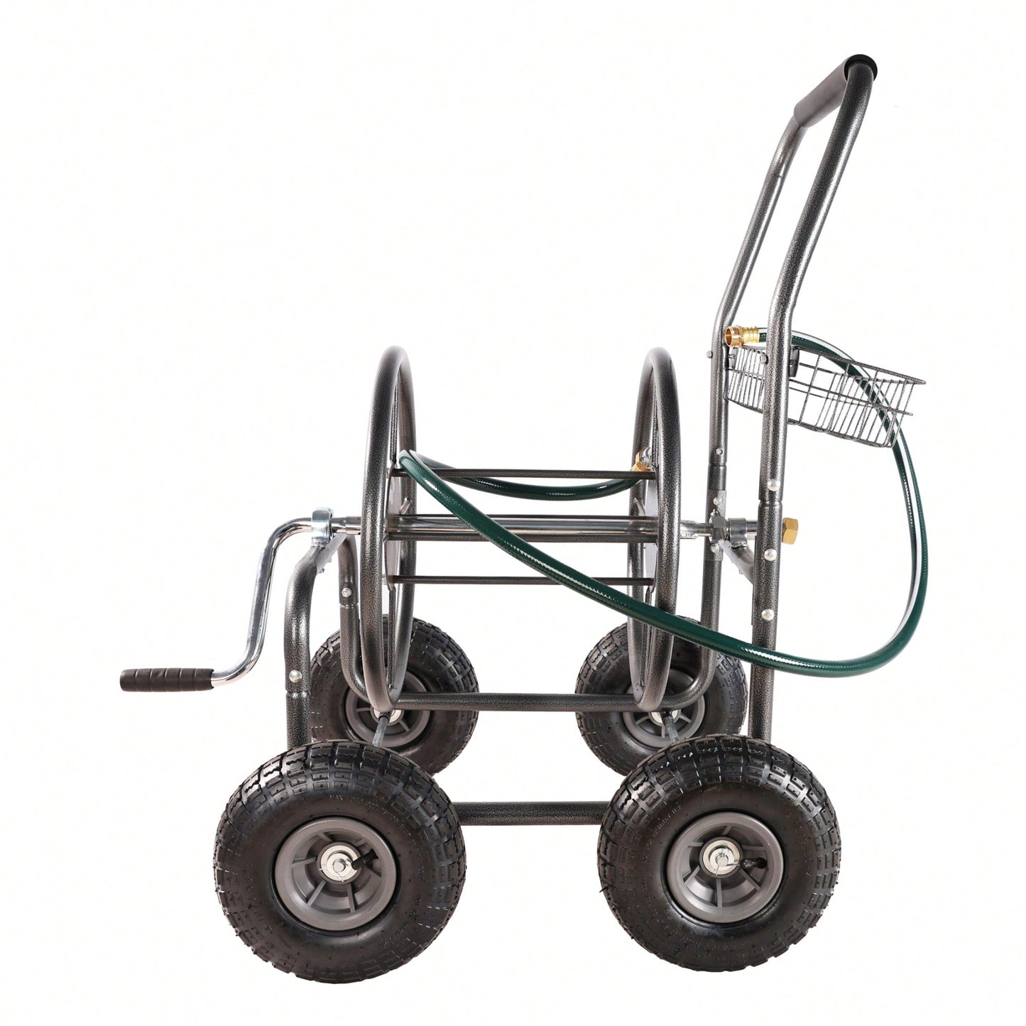 Portable 4-Wheel Garden Hose Reel Cart With Storage Basket - Heavy Duty, Rust Resistant Water Hose Holder For Easy Gardening