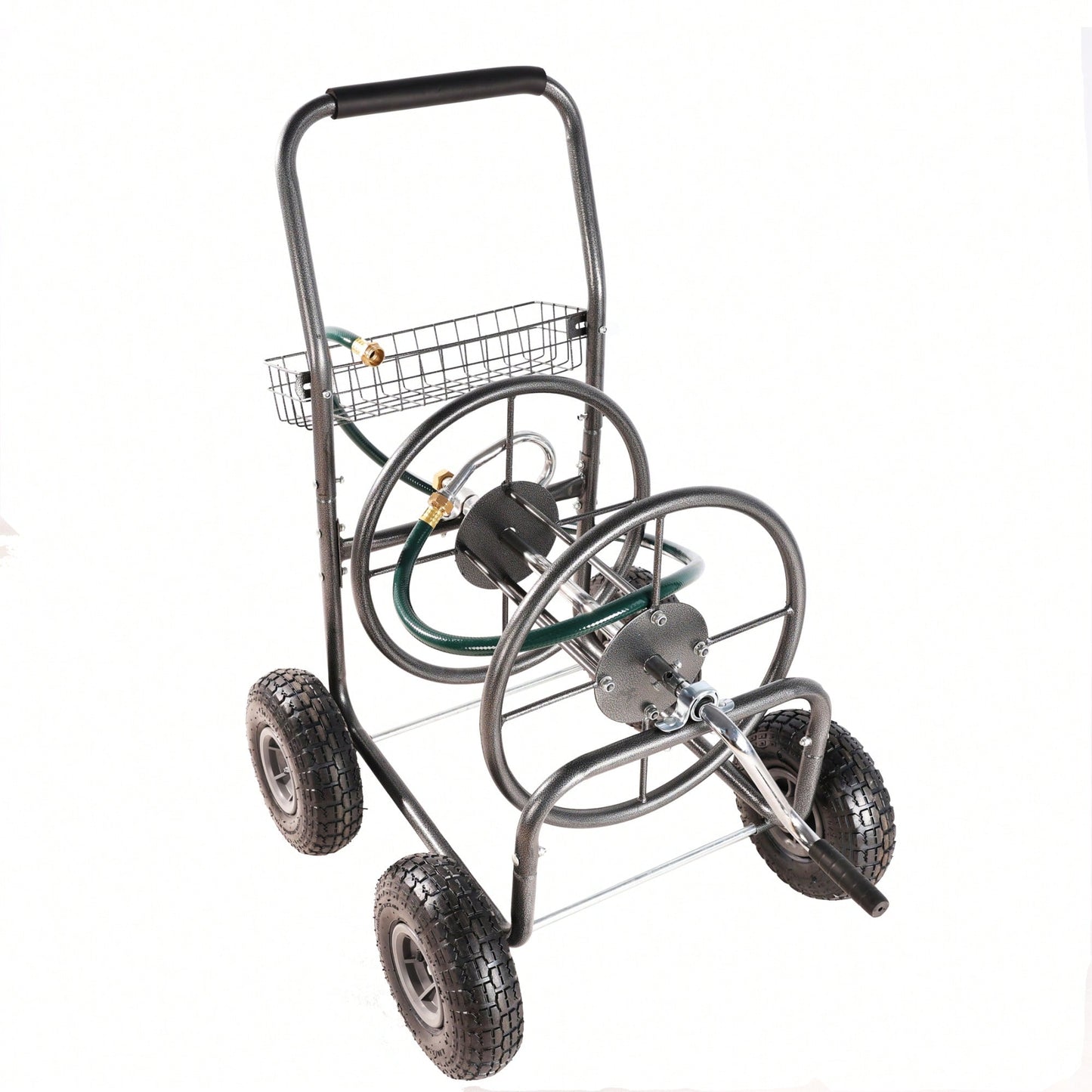 Portable 4-Wheel Garden Hose Reel Cart With Storage Basket - Heavy Duty, Rust Resistant Water Hose Holder For Easy Gardening