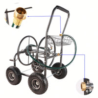 Portable 4-Wheel Garden Hose Reel Cart With Storage Basket - Heavy Duty, Rust Resistant Water Hose Holder For Easy Gardening