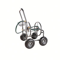 Portable 4-Wheel Garden Hose Reel Cart With Storage Basket - Heavy Duty, Rust Resistant Water Hose Holder For Easy Gardening