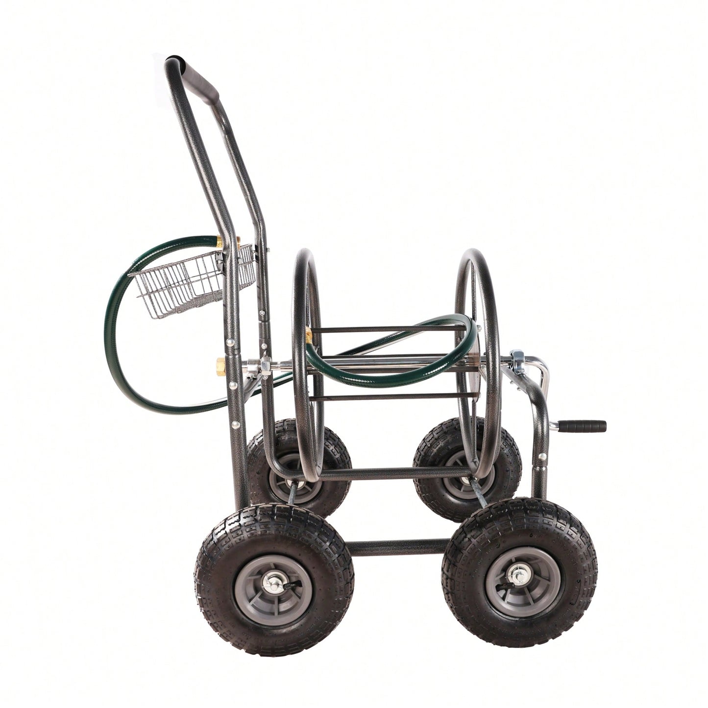 Portable 4-Wheel Garden Hose Reel Cart With Storage Basket - Heavy Duty, Rust Resistant Water Hose Holder For Easy Gardening