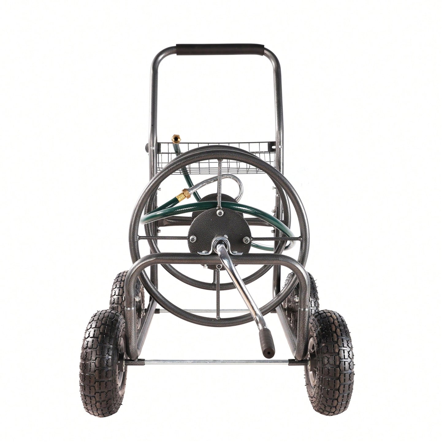 Portable 4-Wheel Garden Hose Reel Cart With Storage Basket - Heavy Duty, Rust Resistant Water Hose Holder For Easy Gardening