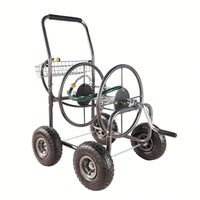 Portable 4-Wheel Garden Hose Reel Cart With Storage Basket - Heavy Duty, Rust Resistant Water Hose Holder For Easy Gardening