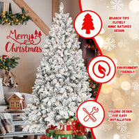 6FT Snow-Flocked Prelit Christmas Tree With Pine Cones - Easy Assembly Hinged Design & Sturdy Metal Base For Indoor & Outdoor Holiday Decor