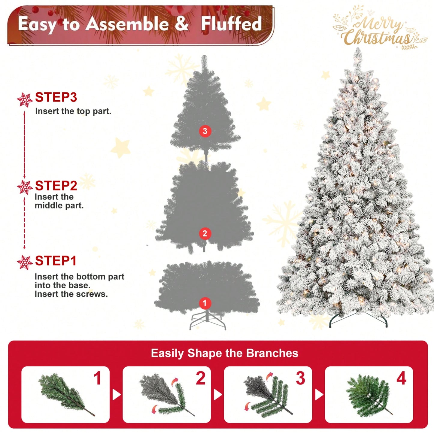 6FT Snow-Flocked Prelit Christmas Tree With Pine Cones - Easy Assembly Hinged Design & Sturdy Metal Base For Indoor & Outdoor Holiday Decor