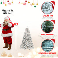 6FT Snow-Flocked Prelit Christmas Tree With Pine Cones - Easy Assembly Hinged Design & Sturdy Metal Base For Indoor & Outdoor Holiday Decor