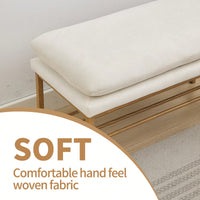 Beige Linen Upholstered End of Bed Bench with Metal Legs and Shelf - Stylish Storage for Living Room Entryway Dining Room Supports 300 LB