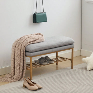 Beige Linen Upholstered End of Bed Bench with Metal Legs and Shelf - Stylish Storage for Living Room Entryway Dining Room Supports 300 LB