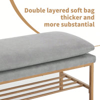 Beige Linen Upholstered End of Bed Bench with Metal Legs and Shelf - Stylish Storage for Living Room Entryway Dining Room Supports 300 LB
