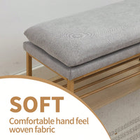 Beige Linen Upholstered End of Bed Bench with Metal Legs and Shelf - Stylish Storage for Living Room Entryway Dining Room Supports 300 LB