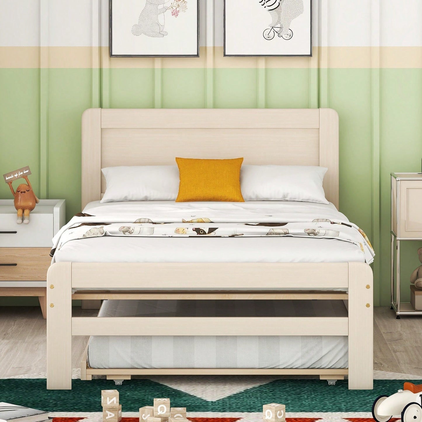 Stylish Twin Size Platform Bed Frame With Trundle In White Washed Finish - Modern Design For Space-Saving Solutions