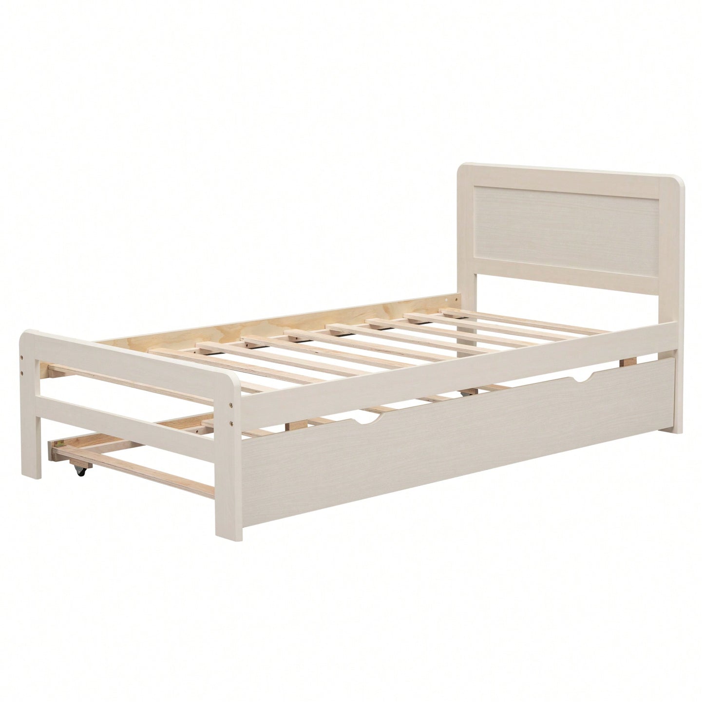 Stylish Twin Size Platform Bed Frame With Trundle In White Washed Finish - Modern Design For Space-Saving Solutions