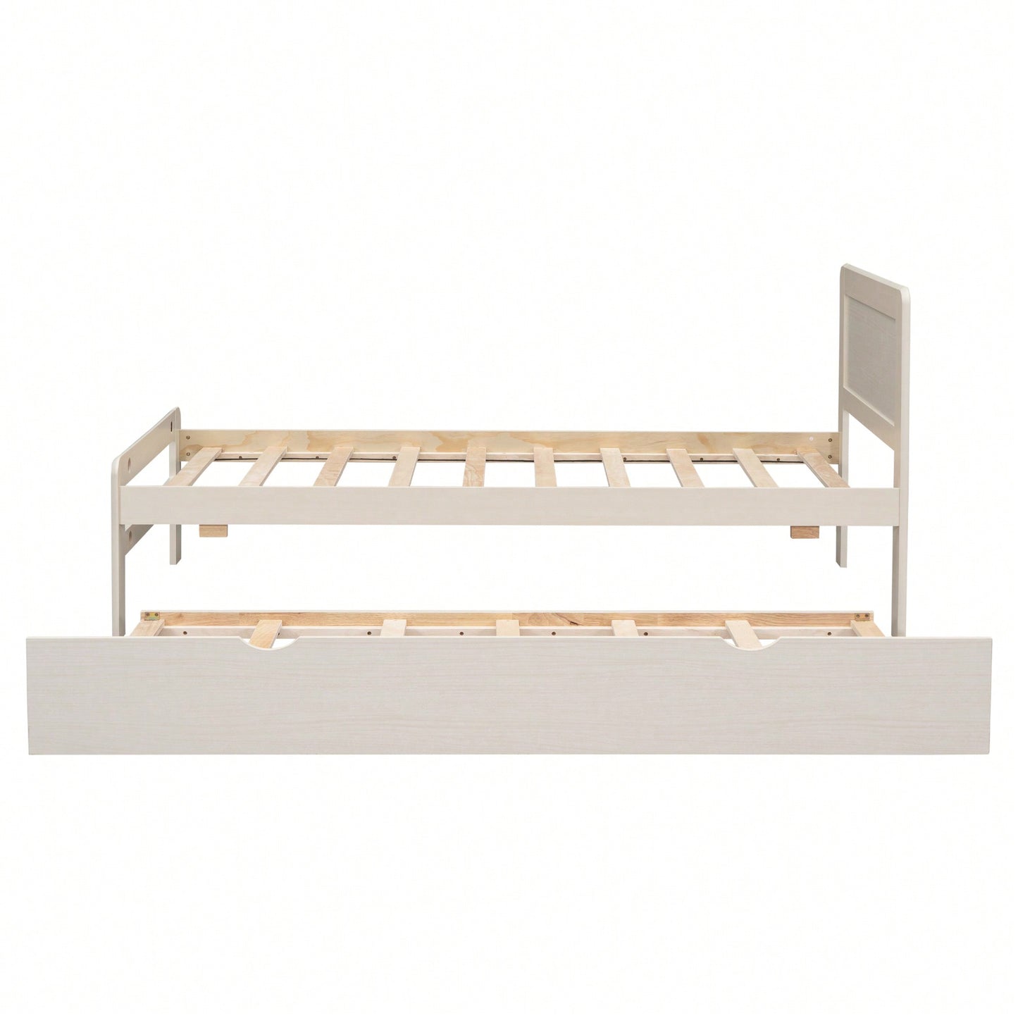 Stylish Twin Size Platform Bed Frame With Trundle In White Washed Finish - Modern Design For Space-Saving Solutions