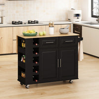 Multi-Functional Kitchen Island Cart with Storage, Wine Rack, Expandable Rubberwood Top in Stylish Black Finish