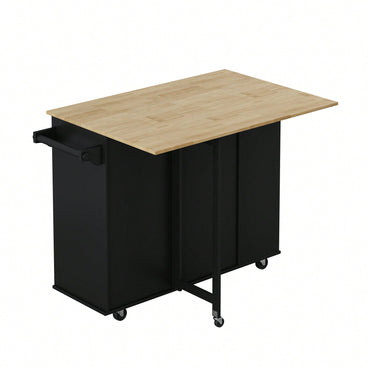 Multi-Functional Kitchen Island Cart with Storage, Wine Rack, Expandable Rubberwood Top in Stylish Black Finish