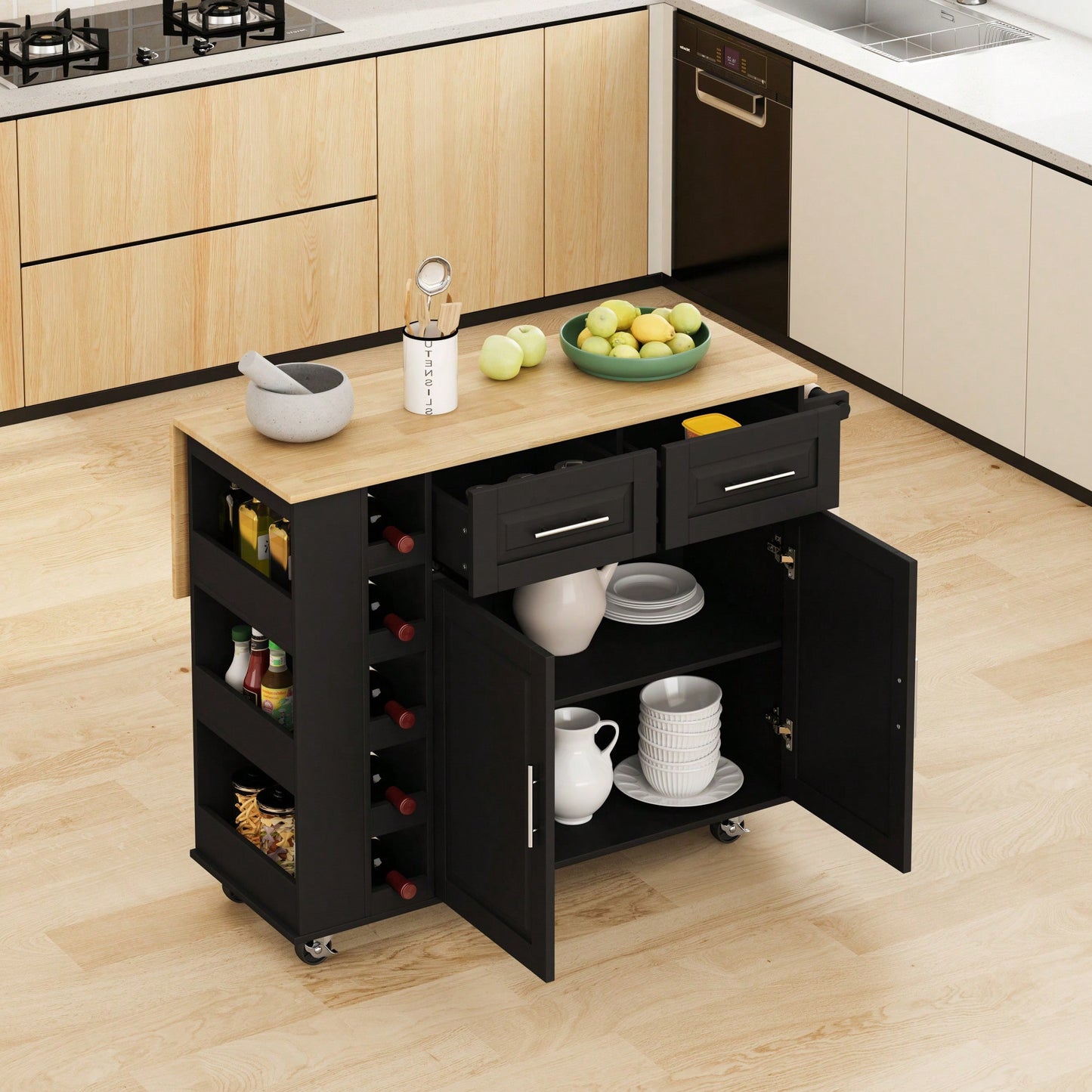 Multi-Functional Kitchen Island Cart with Storage, Wine Rack, Expandable Rubberwood Top in Stylish Black Finish