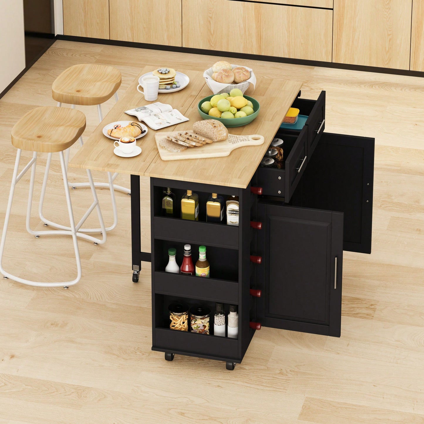 Multi-Functional Kitchen Island Cart with Storage, Wine Rack, Expandable Rubberwood Top in Stylish Black Finish