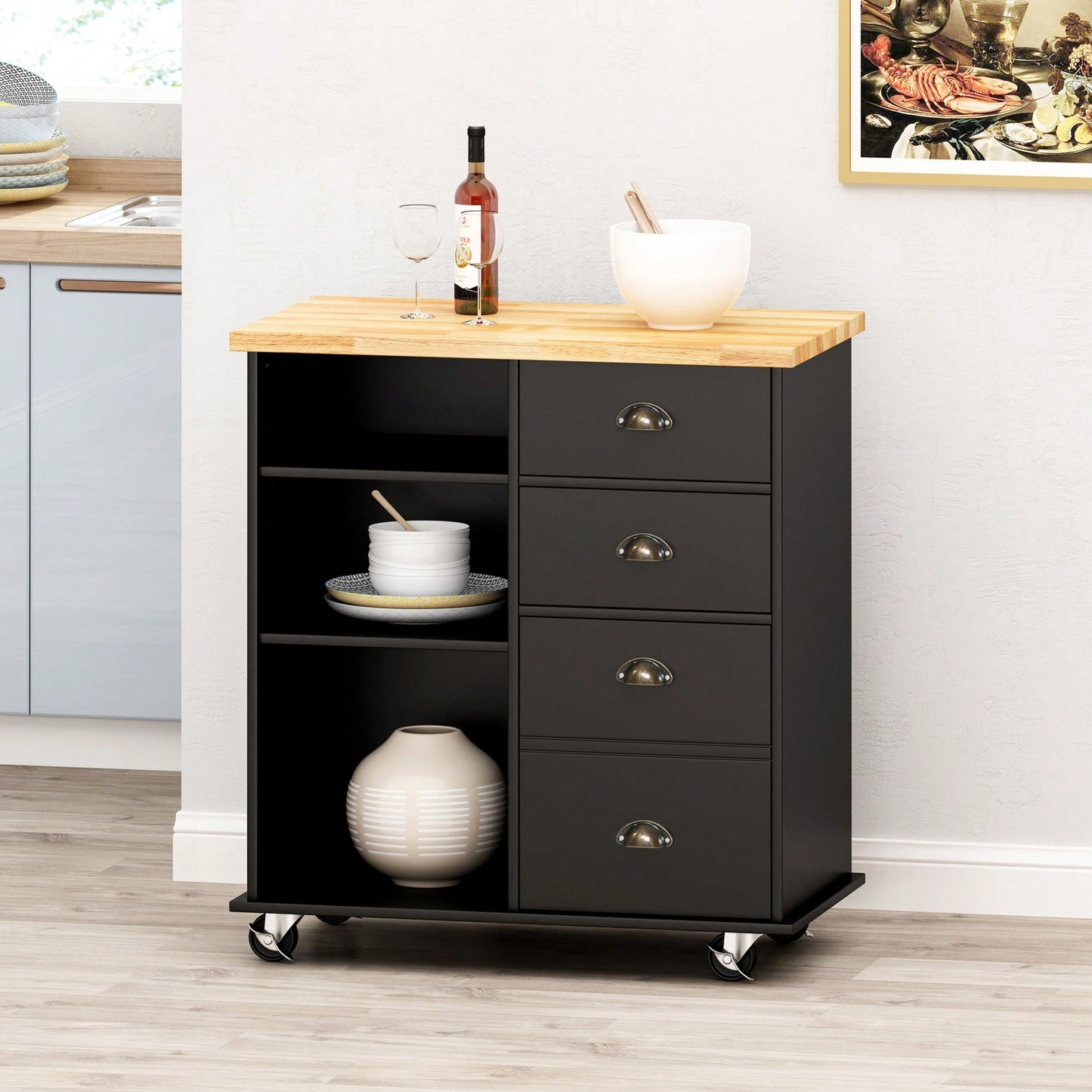 Versatile Kitchen Cart With Double Drawers And Single Door For Storage And Organization