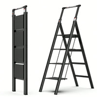 4-Step Folding Ladder With Retractable Handgrip And Anti-Slip Wide Pedal – Durable Aluminum Design, Supports 300lbs For Safe Household Use