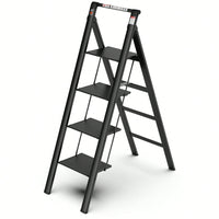 4-Step Folding Ladder With Retractable Handgrip And Anti-Slip Wide Pedal – Durable Aluminum Design, Supports 300lbs For Safe Household Use