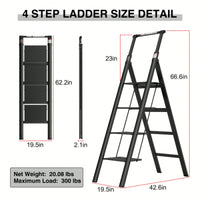 4-Step Folding Ladder With Retractable Handgrip And Anti-Slip Wide Pedal – Durable Aluminum Design, Supports 300lbs For Safe Household Use