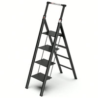 4-Step Folding Ladder With Retractable Handgrip And Anti-Slip Wide Pedal – Durable Aluminum Design, Supports 300lbs For Safe Household Use