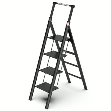 4-Step Folding Ladder With Retractable Handgrip And Anti-Slip Wide Pedal – Durable Aluminum Design, Supports 300lbs For Safe Household Use