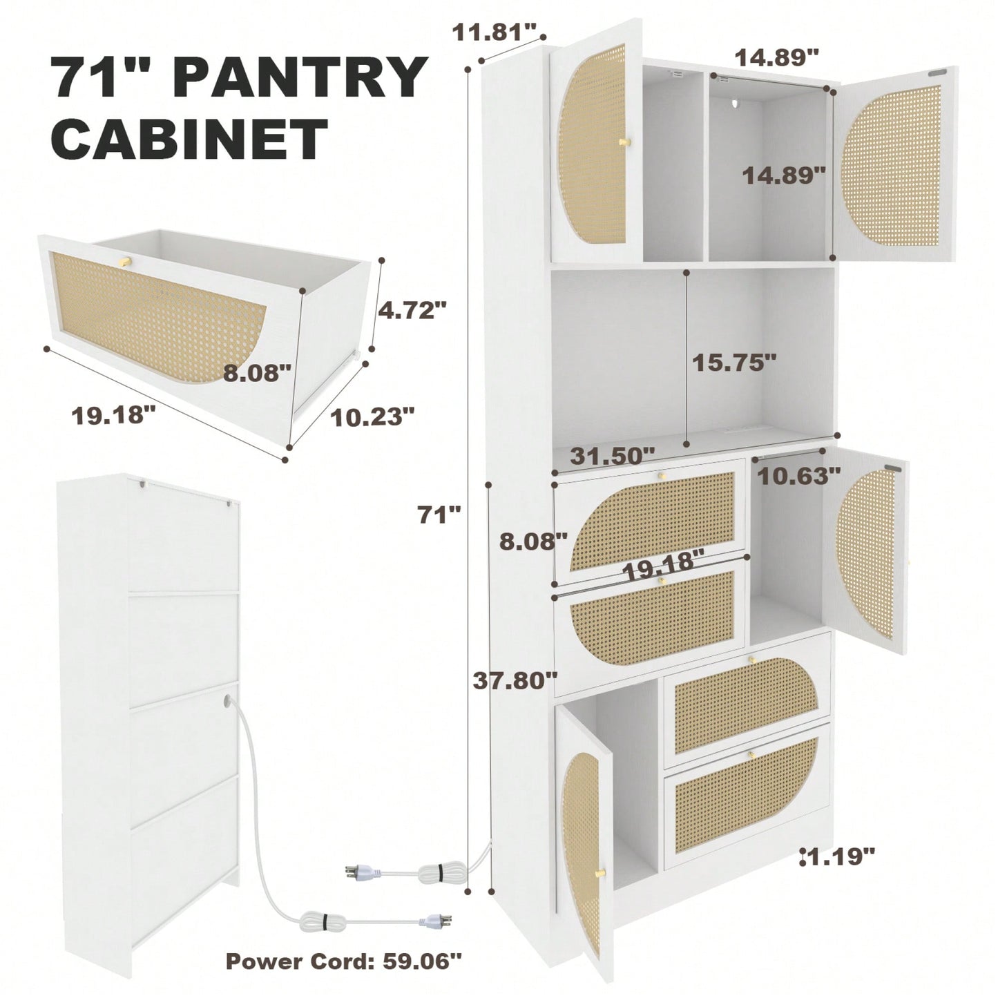 Stylish Tall Freestanding Storage Cabinet With Rattan Doors, Power Outlet, 4 Cabinets, 4 Drawers & Spacious Countertop For Home Organization