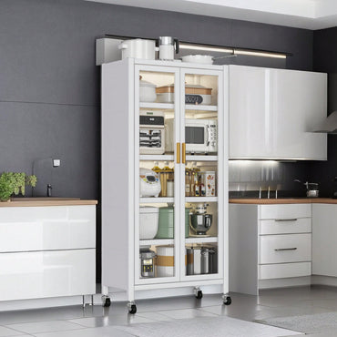 Multilevel White Kitchen Shelving Unit with Side Cabinets for Microwave and Essentials Storage