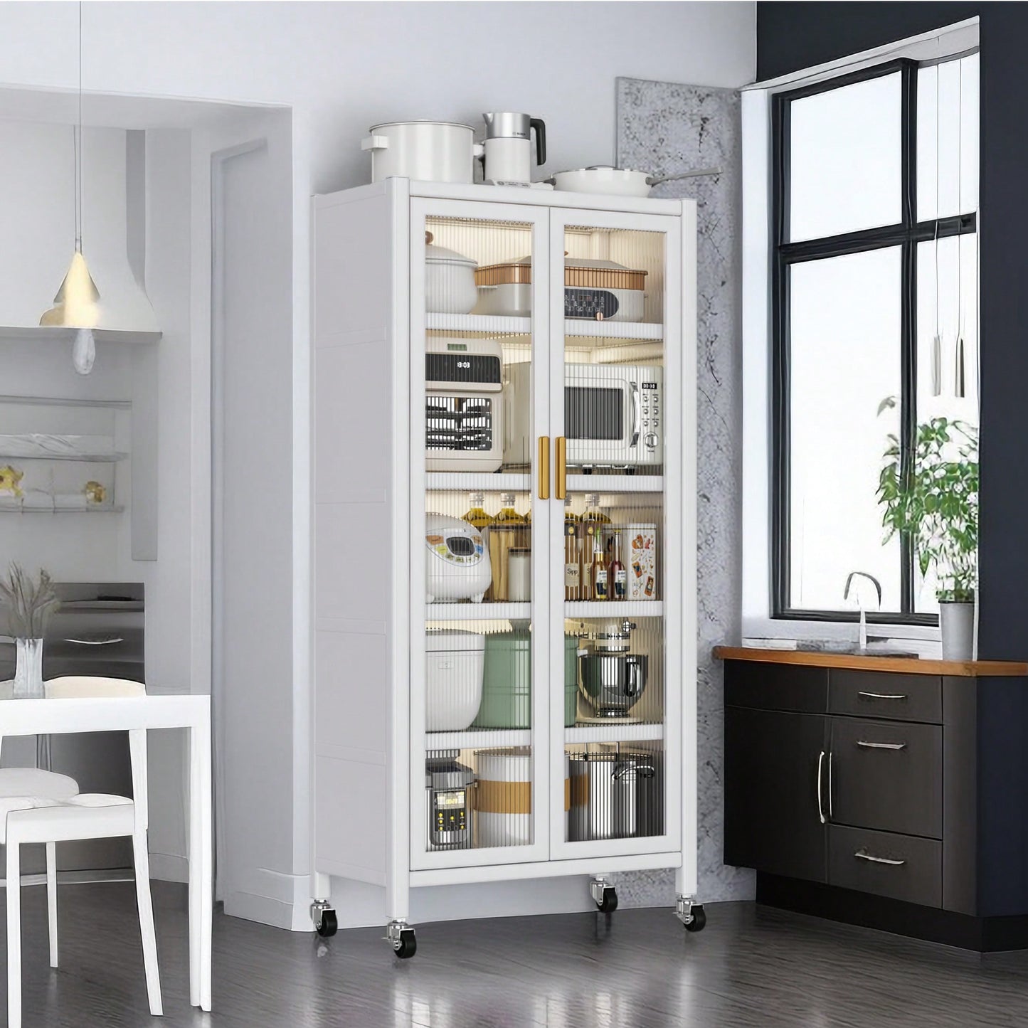 Multilevel White Kitchen Shelving Unit with Side Cabinets for Microwave and Essentials Storage