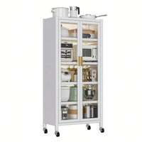 Multilevel White Kitchen Shelving Unit with Side Cabinets for Microwave and Essentials Storage