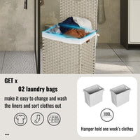 Stylish Brown Laundry Hamper With Lid, 100L Capacity, PE Rattan Frame & 2 Removable Bags For Easy Sorting