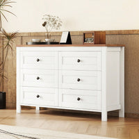 Charming Retro Farmhouse Wooden Dresser With 6 Drawers - Stylish Bedroom Storage Cabinet In White And Brown