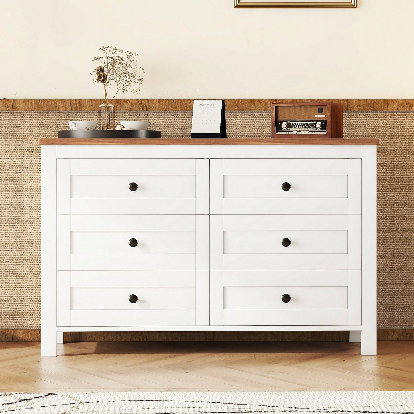 Charming Retro Farmhouse Wooden Dresser With 6 Drawers - Stylish Bedroom Storage Cabinet In White And Brown